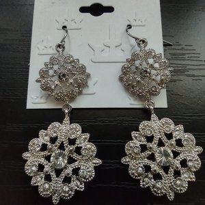 Trifari Silver Tone Dangle Rhinestone Earrings New with Tags